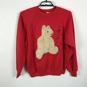 Vintage Red Fuzzy Bear Sweatshirt XL Flower Butterfly Long Sleeve Cotton Blend